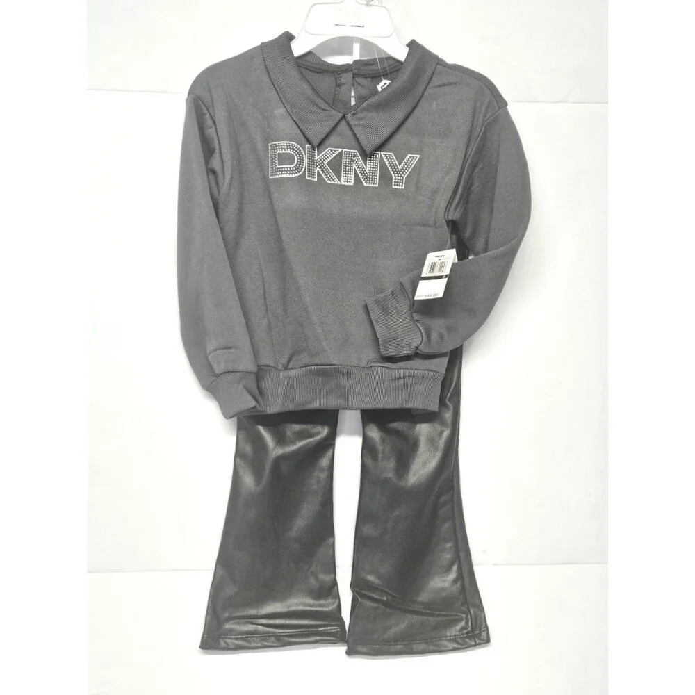DKNY Girls Size 6 2Pc Outfit Sparkling Stone Logo Sweatshirt, Black Flared Pants